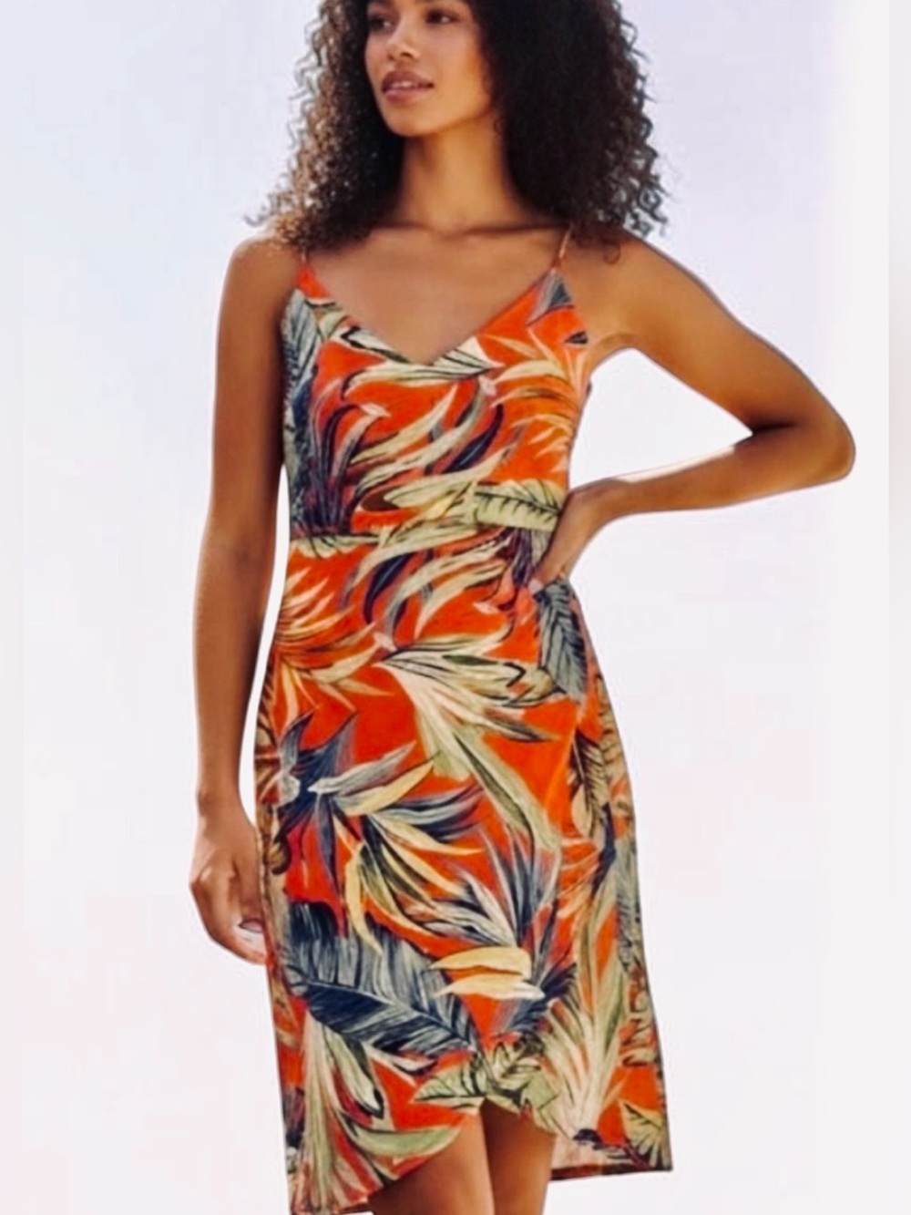 Y2K BEACHY MOCI PURPLE RAIN Mock Wrap Stretch Dress Spaghetti Strap Tropical